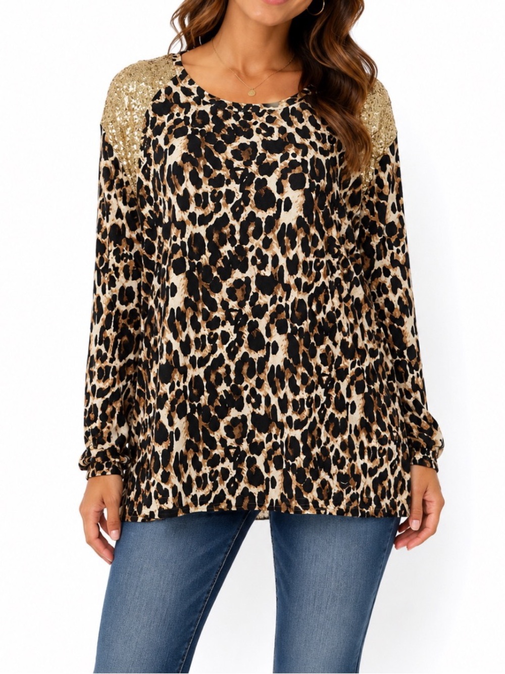 Grace & Emma leopard print long sleeve top with gold sequins on shoulder